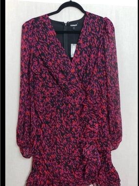 Express Red and Purple Patterned Long Sleeve Wrap Dress